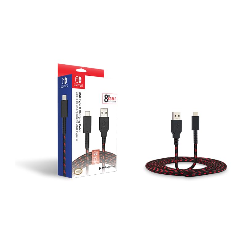 PDP Gaming Charge Cable Licensed for Nintendo Switch 8 ft USB-C | 8-Foot Charging Cable, Durable Braided Design, Cable Management Tie Strap, Charge & Sync Compatibility, Black/Red