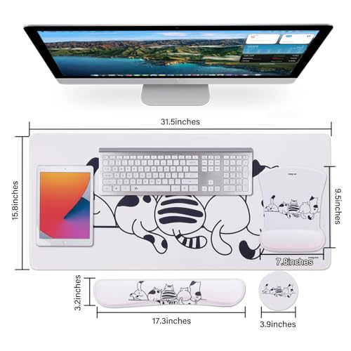 MEGREZ 4-in-1 Mouse Pad with Wrist Rest Ergonomic Memory Foam Desk Mat Set | ergonomic, anti-slip base, 4pcs set, desk pad, mouse wrist rest, keyboard rest, coaster, ideal for office & gaming - color: Beige