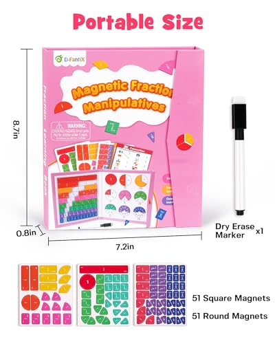 D-FantiX Magnetic Fraction Book, Magnetic Fraction Tiles & Fraction Circles Set, Math Manipulatives for Elementary School, Montessori Fraction Manipulatives Learning Tools for Kids - color: Pink