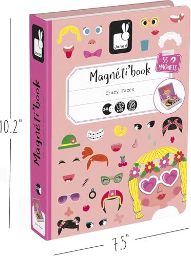 Janod MagnetiBook 66 pc Magnetic Girl Crazy Face Dress Up Game - Ages 3+ - Creative Play - Enhances Creativity and Learning - Includes 55 Magnetic Pieces and 10 Cards | Ideal for Kids Ages 3+ - Enhances Creativity and Learning - Fun Travel Activity - Incl