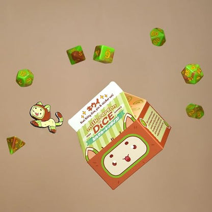 1985 Games Kiwi Kawaii Cat Dice Set – Milk Carton-Inspired Dice for DND | TTRPGs & Tabletop Roleplaying - color: Kiwi