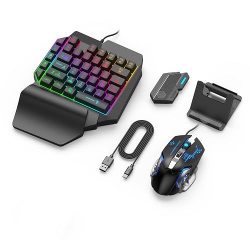 One Handed Gaming Keyboard and Mouse Combo, RGB Backlit 35 Keys Half Hand Gaming Keyboard and Mouse Set with Wrist Rest Support and Converter for PC