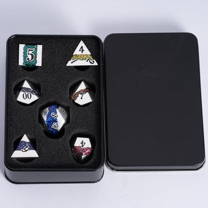Polyhedral Metal Dice Set,7pcs Set Glitter Stripe DND Dice with Gift Box for RPG - color: Pearl Silver Seven Colors