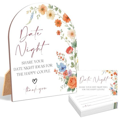 51 Pc Wildflower Date Night Ideas Game, Boho Flowers Bridal Shower Game, 6x8 Inch Arch Wooden Sign with Stand and 50 Date Night Cards, Wedding Shower Decor - YHZ03 - color: Wildflower03