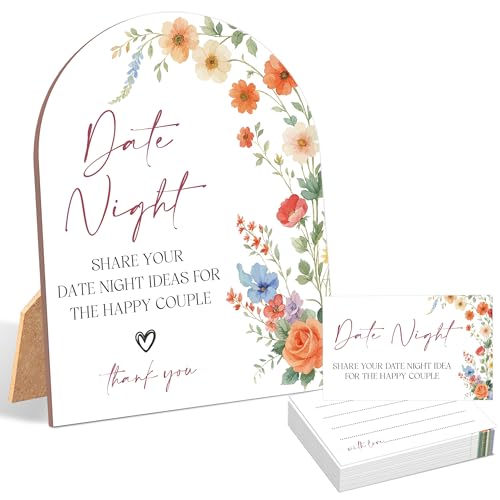 51 Pc Wildflower Date Night Ideas Game, Boho Flowers Bridal Shower Game, 6x8 Inch Arch Wooden Sign with Stand and 50 Date Night Cards, Wedding Shower Decor - YHZ03 - color: Wildflower03