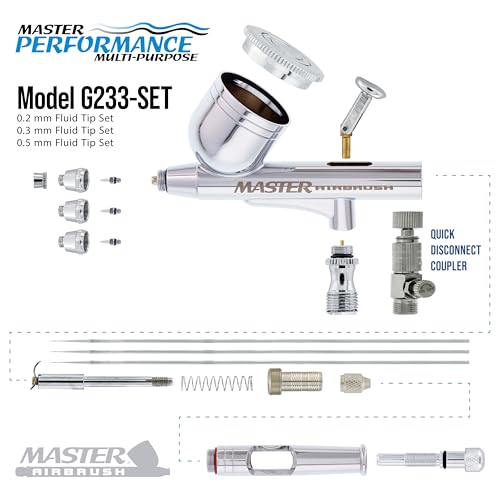 Master Airbrush G233 Performance Pro Airbrush Kit with 3 Nozzle Sets (0.2, 0.3 & 0.5mm Needles, Fluid Tips & Air Caps), Gravity Dual Action - Air Brush Guns for Painting, Aerografo Body Art & Cake - size: Without Hose
