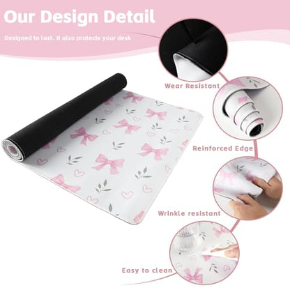 Baziabbo Pink Desk Mat,XXL Extended Big Mouse Pad,Gaming Mousepad with Stitched Edge,Non-Slip Rubber Base Keyboard Desk Pad for Home Office Study Game - color: Bowknot
