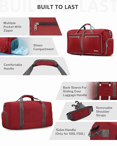 Gonex Large Foldable Travel Duffle Bag with Shoes Compartment, Packable Lightweight Water Repellent Duffel Bag for Camping Gym Weekender Bag - color: Red, size: 60L