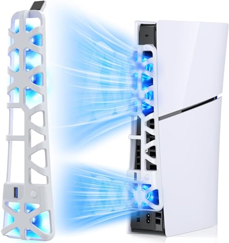 FASTSNAIL Cooling Fan wih LED Light for PS5 Slim Disc/Digital Console | Efficient Cooling System with Memory, 3 High-Speed Fans, Adjustable Speed, USB3.0 Port & LED, Cooler Accessories for PS5 Slim - color: White