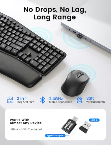 Wireless Keyboard and Mouse Combo, SABLUTE MA41 30dB Quiet Ergonomic Wave Keyboard Set with Soft Leather Palm Rest, Dual-System Switch for Windows/Mac, Ideal for Business Teams Home Office | Soft Leather Memory Foam Wrist Rest, 2.4GHz Wireless, UAB-A & US