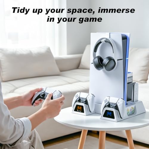 LENISUOLE PS5/Slim/Pro Stand and Cooling Station, with 3 Level Cooler Fan for PlayStation 5 Disc Digital Console, LED Dual Controller Charging Station, Headset Holder, Game Slot White - color: White