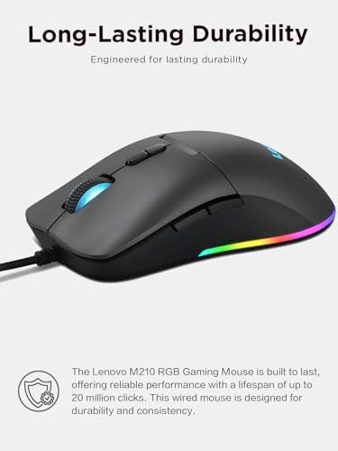 Lenovo M210 RGB Wired Gaming Mouse for PC, Laptop, Computer with Windows & Chrome OS - 3 Zone RGB, 8000 DPI Adjustable Sensor, 7 Programmable Buttons – Palm Grip Mouse for Gamers (Black) - color: Black M210 RGB