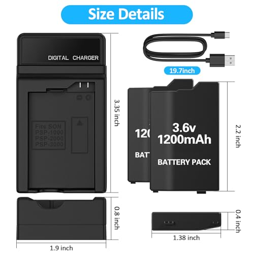 PSP Battery and Charger, 2Pcs 3.6v 1200mAh Lithium Polymer Replacement Batteries with Charging Dock for PSP-3000, PSP-3001, PSP-2000, PSP-2001, PSP-3002, PSP-3004, PSP Lite, PSP Slim Console - size: for PSP2000/3000