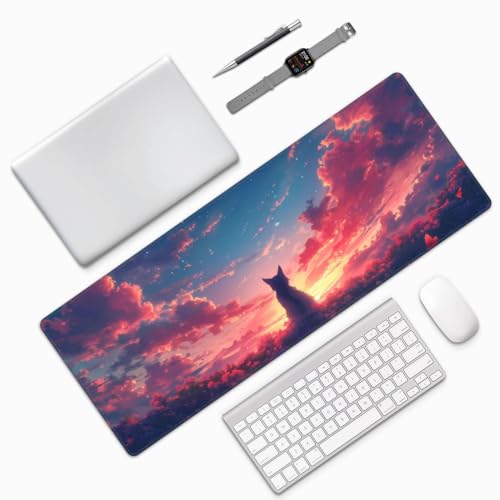 Gaming Mouse Pad Desk Pad,Extended Big Mouse Pad,31.5x11.8 Inch Long Computer Keyboard Mouse Mat Mousepad with 3mm Non-Slip Base and Stitched Edge for Gaming and Office… (Sunset Cat) - color: Sunset Cat