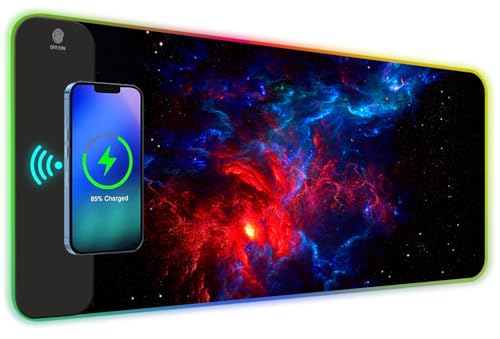 ToLuLu RGB Wireless Charging Gaming Mouse Pad, 7.5/10/15W 10 Light Modes LED Mouse Pad Computer Keyboard Mat Mousepad, 800x300x4MM Extended Large Desk Pad Desk Mat for Gamer, Red Blue Galaxy - color: Red Blue Galaxy