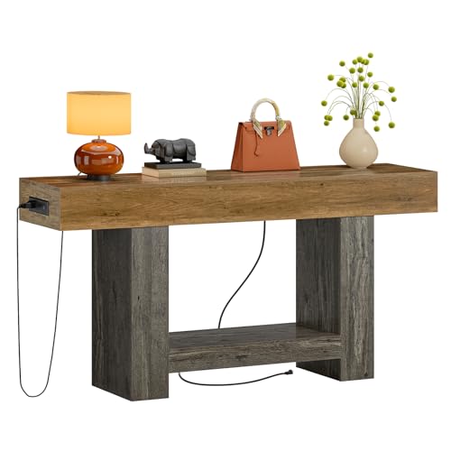 63" Entryway Table with Smart RGB Lights and Charging Station, Narrow Console Table with App-Controlled and Music Sync, Farmhouse Entry Way with Open Storage for Living Room, Hallway, Behind Couch - color: Brown & Gray, size: 63 IN