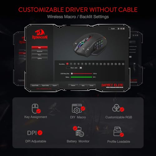 Redragon M913 Wireless RGB MMO Gaming Mouse 16000 DPI Remapping Keys | Cable-Free 0 Delay Dedicated for FPS Gamers, Redefine Keybinding Macro, Vibing Backlight, Ergonomic Grip Body Comfort - color: Black, style: Wireless M913