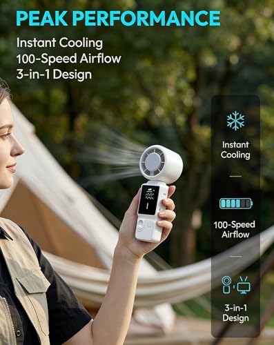 Portable Handheld Fan, 100-Speed Turbo Rechargeable Mini Fan | 3-in-1 Wearable Foldable Fan with Ice Compress Cooling. Ideal for Travel, Outdoor, Office. Compact & Long Battery Life. - color: White