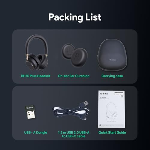 Yealink BH76 Plus Bluetooth Headset, Wireless Headset with Microphone for PC,Active Noise Cancelling, Retractable Hidden Mic Arm, Compatible with PC Mac, Works with Teams (Certified), USB-C/A | Yealink BH76 Plus Over Ear Noise Cancelling Headphones with R