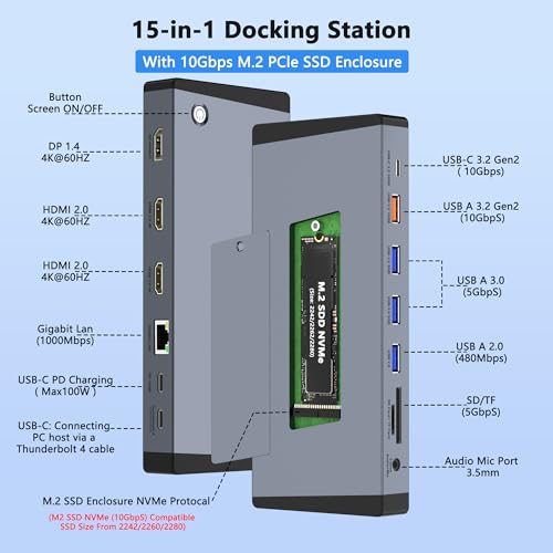 Laptop Docking Station 3 Monitors for Dell/HP/Lenovo/Mac, 15 in 1 USB C Docking Station Dual Monitor with M.2 NVMe SSD Slot, 4K@60Hz Triple Display Dock with HDMI/Displayport/PD/LAN/SD/TF/10Gbps USB - style: 15 IN 1