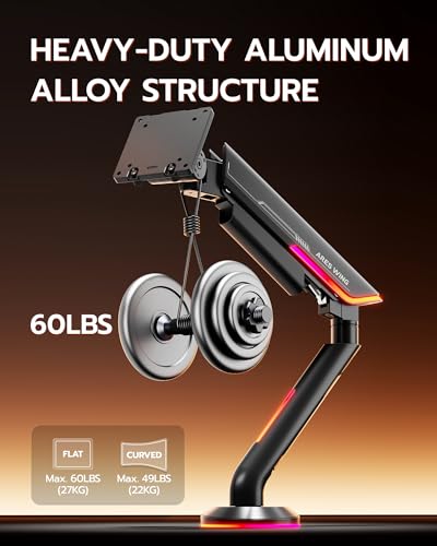 Single Gaming Monitor Arm for 24"-57" Screen with RGB, Black | Computer Monitor Stand Holds Up to 60LBS - color: BLACK, style: RGB