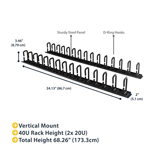 StarTech 40U Vertical Server Rack Cable Manager, 2-Pack 3ft (CMVER40UD) | 2-pack 20U network rack cord manager panels, D-ring hooks, 30 integrated D-rings, 2x 3ft (91cm) wire organizers, 19in rack - style: 20U 2-pk Vertical