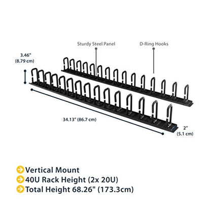 StarTech 40U Vertical Server Rack Cable Manager, 2-Pack 3ft (CMVER40UD) | 2-pack 20U network rack cord manager panels, D-ring hooks, 30 integrated D-rings, 2x 3ft (91cm) wire organizers, 19in rack - style: 20U 2-pk Vertical