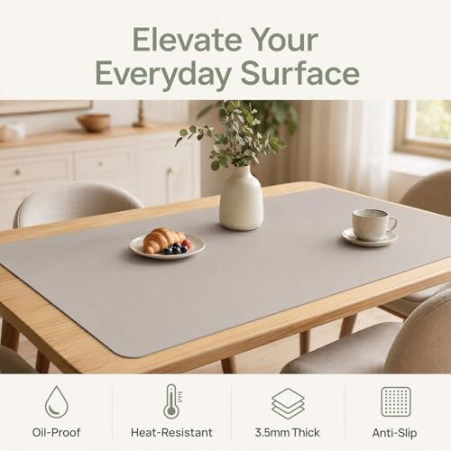 Multisize Plastic Leather Table Cover Protector-3.5mm Thick 13.4"x48.4" Non-Slip Water Resistant Vinyl Desk Cover Pad Mat for Office Computer Gaming Desk Wood Kitchen Bedside Sofa Table Grey