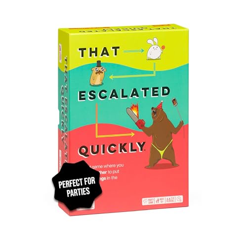 That Escalated Quickly by Exploding Kittens, 2-8 Players - Ages 10+ - 15 Minutes to Play - Hilarious Cooperative Card Game for Family Game Night, Party, Adult and Teen | Work together to put absurd things in the right order! A clever cooperative card game