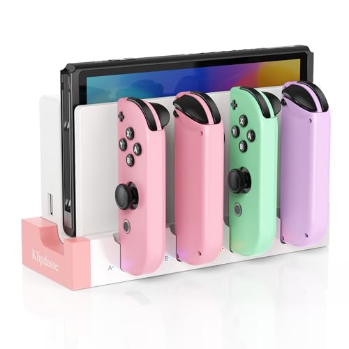 Switch Controller Charger Dock for Nintendo Switch 1/OLED for 4 Joy-Cons | Fast Charging Station for 4 Joycons, Stand for Nintendo Switch Dock Accessories, with LED Indicator & Extra USB 2.0 Port - color: Pink-White, size: For Switch/OLED