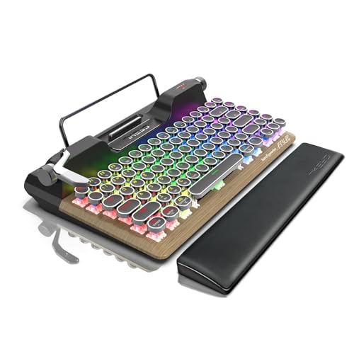 7KEYS Retro Typewriter Mechanical Gaming Keyboard, Vintage Style Computer Keyboard with Wireless Bluetooth5.0/Wired/2.4G, True RGB Backlight, Compatible with PC/Laptop/Tablet/Phone - style: Blue Switch