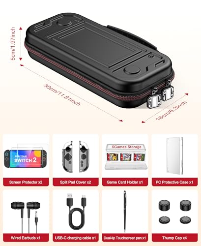 Switch 2 Case for Nintendo Switch 2 (2025)/Switch/OLED, 8-in-1 Bundle Kit for SWitch 2, 3 Transparent Protective Cover+2 Screen Protectors+4 Thumb Caps+Wired Earbuds+Stylus+Card Holder+USB Cable - size: 8 in 1 Bundle Kit-Black