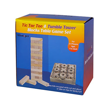 Glintoper Tic Tac Toe & Tumble Tower Blocks Tables Game Set, Classic Wood Stacking Game & XOXO Board Games for Kids Family, Living Room Rustic Coffee Table Decor, Travel Strategy Board Games - style: Tic Tac Toe & Tumble Tower