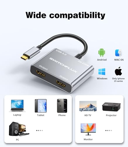 USB C to Dual HDMI Adapter |4K60Hz HDMI Splitter Extended Display for Dual Monitors,100W PD,USB 3.0 Port Converter Compatible with Laptop,Tablet,Graphics Card - size: 6.6inch