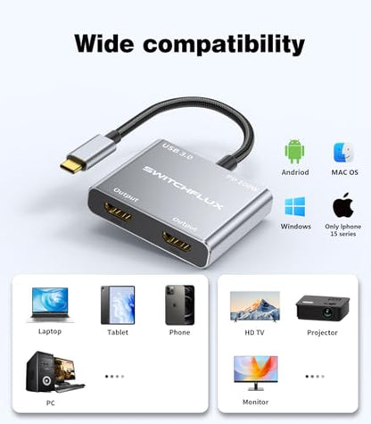 USB C to Dual HDMI Adapter |4K60Hz HDMI Splitter Extended Display for Dual Monitors,100W PD,USB 3.0 Port Converter Compatible with Laptop,Tablet,Graphics Card - size: 6.6inch