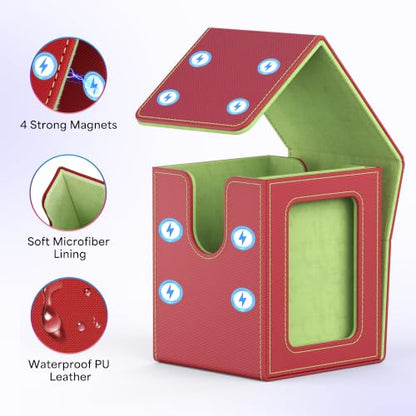 UAONO Card Deck Box for MTG Commander, Fits 100 Double-Sleeved Cards | Independent Commander Display, Magnetic Deck Case for Magic the Gathering TCG, 2 Dividers & 1 Top Loader (Red/Green) - color: A-Red&Lime Green