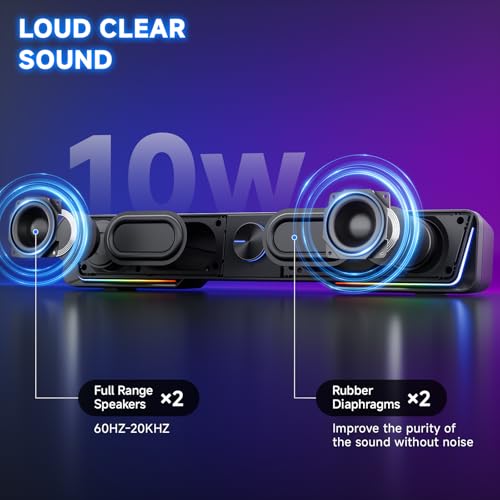 Jeecoo A40 Bluetooth Computer Speakers with Clear Sound, USB Plug & Play PC Speakers with LED Light, Computer Sound Bar with Switch Button for Desktop Laptop Monitor (USB-C Adapter Included)