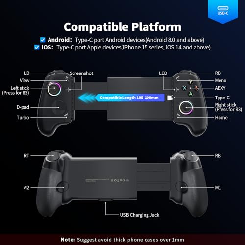 AceGamer Mobile Gaming Controller for iPhone 15 Series/Android(USB-C), Plug & Play Phone Controller with Hall Effect Joysticks/Trigger, Turbo/Progammable, Remote Gamepad for Consoles, Cloud Game