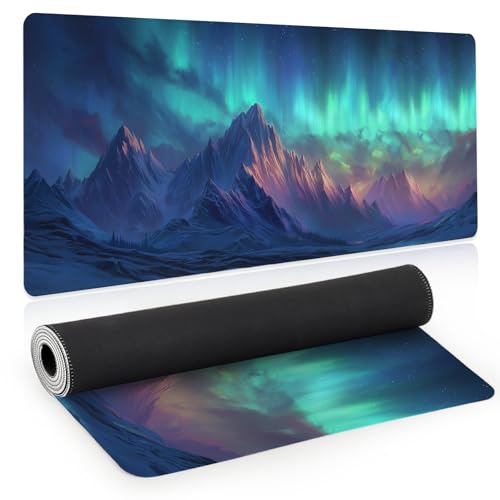 Aurora Borealis Gaming Mouse Pad, XL Large Mousepad Extended Big with Non-Slip Rubber Base Stitched Edges, Desk Mat, Laptop Computer Keyboard Mat, Office&Home, 31.5x11.8in - color: Aurora Borealis