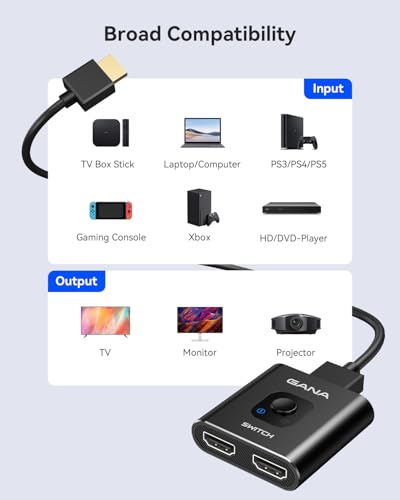 HDMI Switch 4k@60hz Splitter, GANA Aluminum Bidirectional HDMI Switcher 2 in 1 Out, Manual HDMI Hub Supports HD Compatible with Xbox PS5/4/3 Blu-Ray Player Fire Stick Roku (Black with 3.9Ft Cable) - color: Black with 3.9Ft Cable