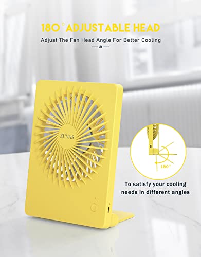 Zuvas Desk Fan Small Rechargeable Battery Table Fans for travel Ultra Quiet | 180° Tilt Folding, LED Dislay, Portable Fan Slim Design, 3 Speed Adjustable, for Office Bedroom Desktop, Cruise Essentials - color: Yellow