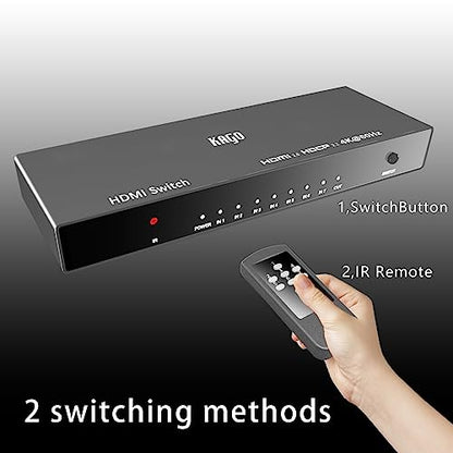 KAGO 7-Port HDMI Switch 4K@60Hz, 7 in 1 Out HDMI Switcher with Remote Control, Supports HDCP 2.2, HDR10, 3D & 18Gbps, Aluminum HDMI Hub Selector for PS5/4, Xbox, Roku, Apple TV, PC - size: 7 ports