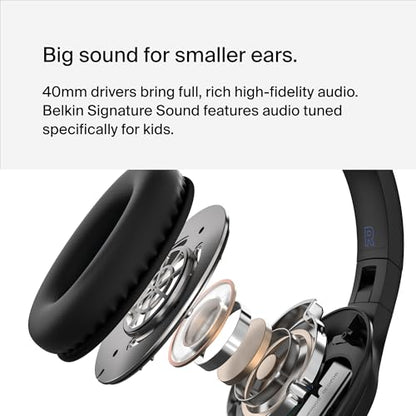 Belkin SoundForm Inspire Bluetooth Kids Headphones, 35H Battery Life | Over-ear wireless headset, built-in mic, 85dB safe volume limit, online learning, travel, iPad, iPhone, Galaxy - color: Black, style: Wireless