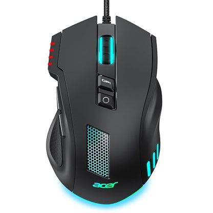 Acer Wired Gaming Mouse, 12,800 DPI RGB Ergonomic Computer Mouse for PC | Optical Sensor, 12 Backlit Modes, 8 Programmable Buttons, Software for DIY Keybinds, Rapid Fire, USB Mouse for Laptop