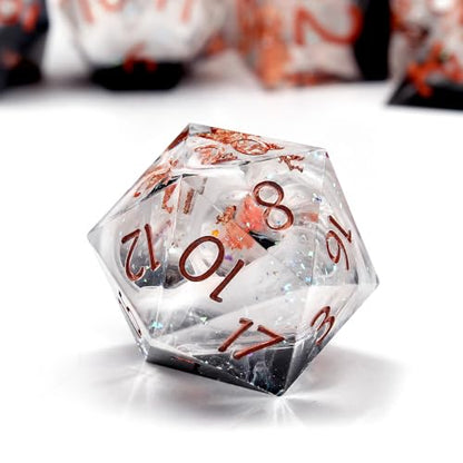 Haxtec Earth Landscape DND Dice Set Sharp Edge Resin Polyhedral Dice, Black D&D Dice with Metal Case, Handmade Gold Flake Inside Dice Set for Dungeons and Dragons TTRPG, Black White Copper DND Gift - color: Black White