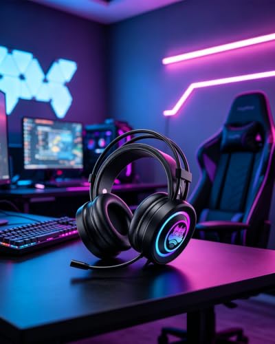 RGB Lighting Gaming Headset with External LED Strip, 360° Surround Sound & Noise Cancelling Mic, Over-Ear Headphones, Comfortable Memory Foam Earmuffs, Adjustable Headband for Long Gaming Sessions