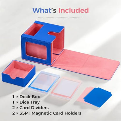 MTG Commander Deck Box with Dual Display Windows and Dice Tray | Fits 100 Double-Sleeved Cards, PU Leather, 2 Magnetic Card Holders, 2 Dividers, Blue & Pink - color: 3. Blue & Coral Pink