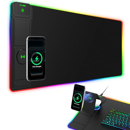 RGB Gaming Mouse Pad with Magnetic Wireless Charging & Foldable Phone Stand | 31.5"x11.8" XL Extended Mousepad with Stitched Edges, Ultra-Smooth Waterproof Surface, 25 Lighting Effects, Non-Slip Base - color: RGB-Magnetic Stand-31.5"x11.8"-Left