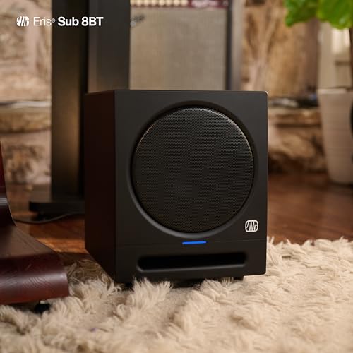PreSonus Eris Sub 8BT — 8" Inch Powered Subwoofer, Powered Sub, Active Subwoofer, Wireless, Bluetooth, Home Audio, Bass Speaker, Home Theater, Music Production, Gaming | 8 Woven Glass-Fiber Driver, 100W Class-Ab Amp, Low-Pass 50-130 Hz, High-Pass 80 Hz -