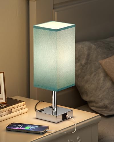 Touch Bedside Table Lamp For Nightstand - 3-Way Dimmable Night Lamp with USB A + Type C Charging Ports and two AC Outlets, Small Desk Light with E26 Bulb for Bedroom Living Room Dorm, Turquoise - color: Turquoise & Silver, size: 14.0in